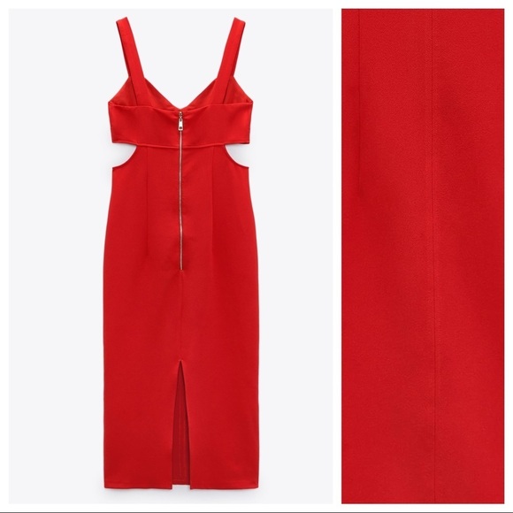 NWT. Zara Red Strappy Cut Out Midi Dress with V-neckline. Size S. - Picture 7 of 11